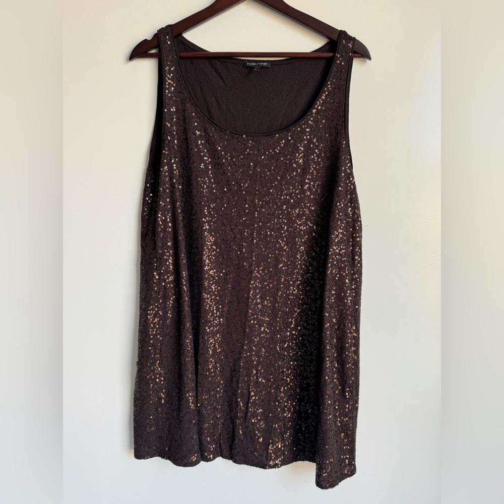 Eileen Fisher Chocolate Brown Sleeveless Sequin Top Women XL 100% Silk Sparkle